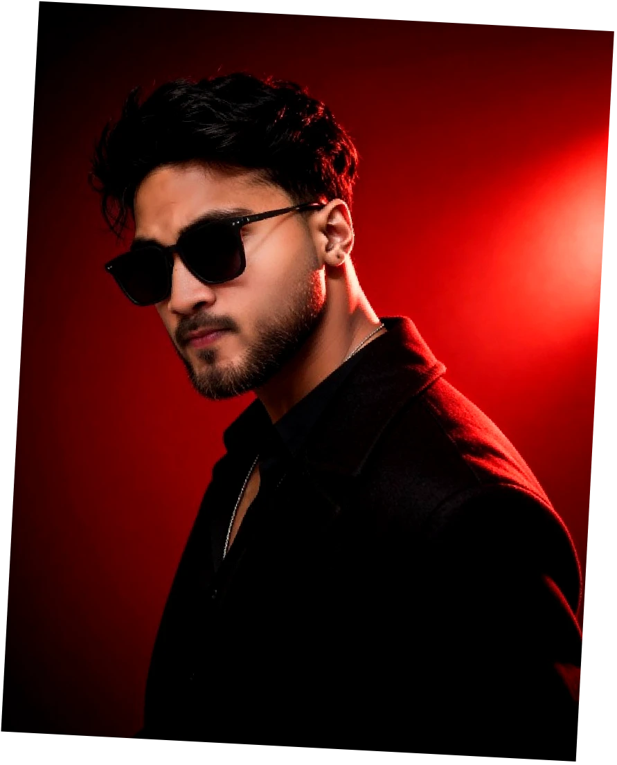 Azhar Khan, photographed in a black jacket against red studio lighting